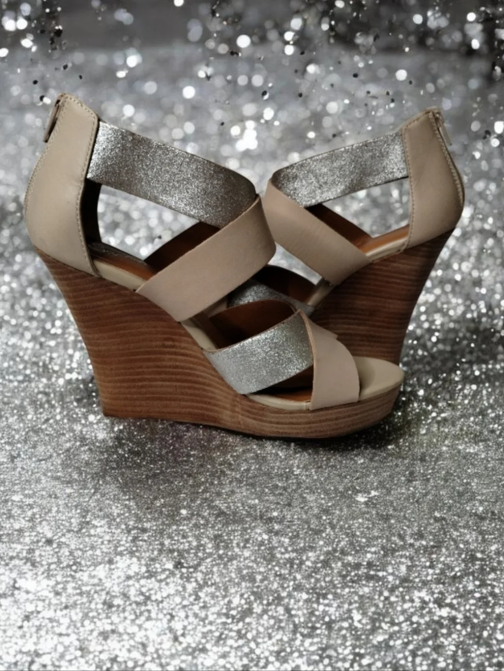 Seachelles Designer Beige Wedge Sandals with Silver Glitter Straps - Women Sz 8
